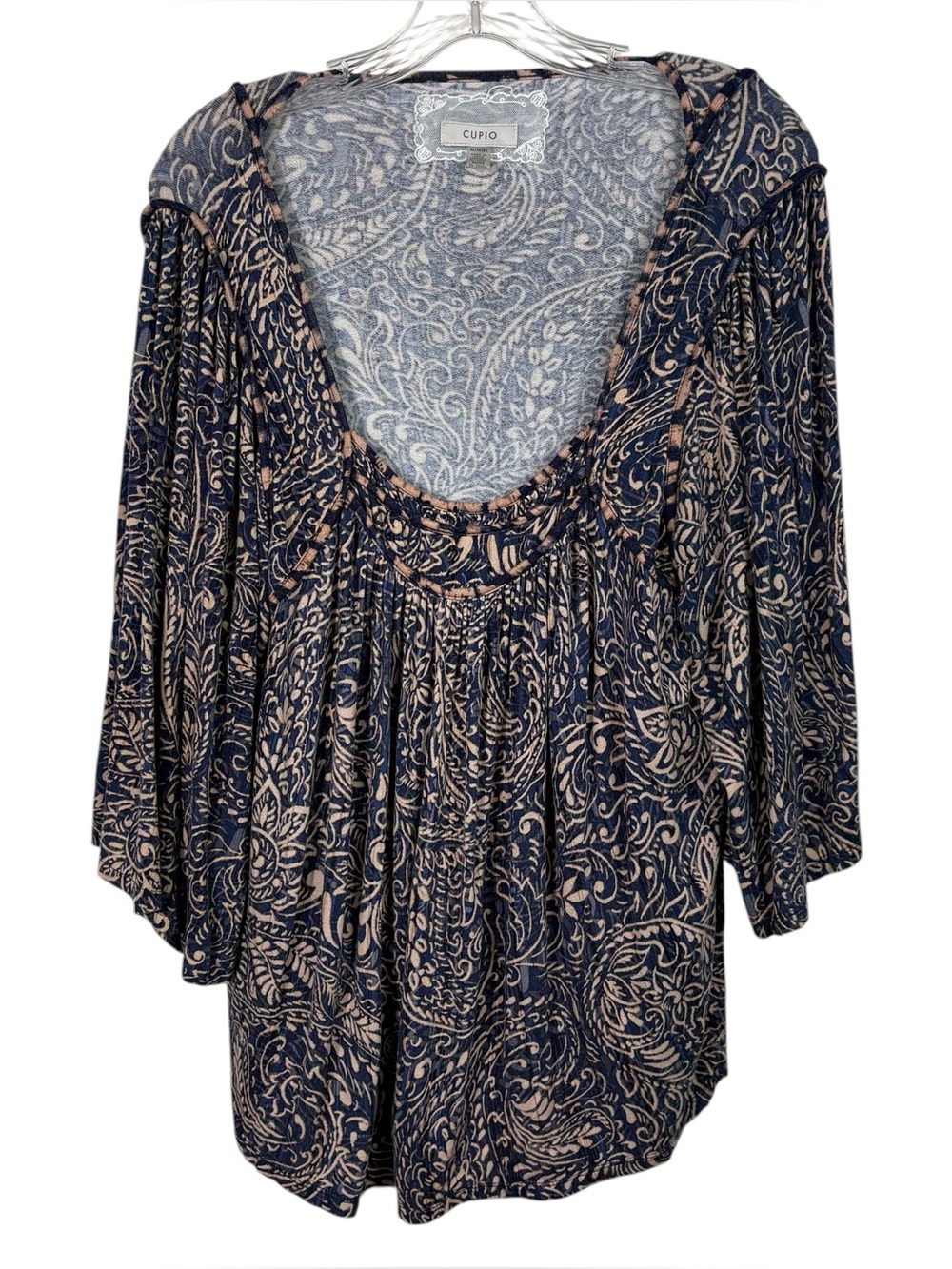 Cupio Brown Blue Jersey Knit Paisley Swirl Pattern Bell Sleeve Peasant Top XL